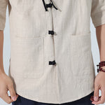 Buddha Stones Summer Tang Style Casual Mandarin Collar Frog Button Solid Men's Elbow-Length Sleeve Shirts With Pocket