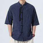 Buddha Stones Summer Tang Style Casual Mandarin Collar Frog Button Solid Men's Elbow-Length Sleeve Shirts With Pocket