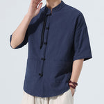 Buddha Stones Summer Tang Style Casual Mandarin Collar Frog Button Solid Men's Elbow-Length Sleeve Shirts With Pocket