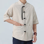 Buddha Stones Summer Tang Style Casual Mandarin Collar Frog Button Solid Men's Elbow-Length Sleeve Shirts With Pocket