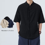 Buddha Stones Summer Tang Style Casual Mandarin Collar Frog Button Solid Men's Elbow-Length Sleeve Shirts With Pocket