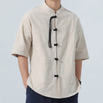 Buddha Stones Summer Tang Style Casual Mandarin Collar Frog Button Solid Men's Elbow-Length Sleeve Shirts With Pocket