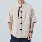 Buddha Stones Summer Tang Style Casual Mandarin Collar Frog Button Solid Men's Elbow-Length Sleeve Shirts With Pocket