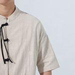 Buddha Stones Summer Tang Style Casual Mandarin Collar Frog Button Solid Men's Elbow-Length Sleeve Shirts With Pocket