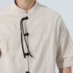 Buddha Stones Summer Tang Style Casual Mandarin Collar Frog Button Solid Men's Elbow-Length Sleeve Shirts With Pocket