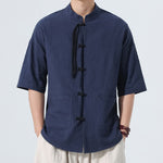 Buddha Stones Summer Tang Style Casual Mandarin Collar Frog Button Solid Men's Elbow-Length Sleeve Shirts With Pocket