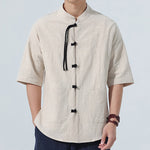 Buddha Stones Summer Tang Style Casual Mandarin Collar Frog Button Solid Men's Elbow-Length Sleeve Shirts With Pocket