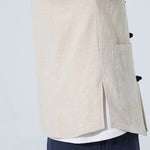Buddha Stones Summer Tang Style Casual Mandarin Collar Frog Button Solid Men's Elbow-Length Sleeve Shirts With Pocket