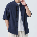 Buddha Stones Summer Tang Style Casual Mandarin Collar Frog Button Solid Men's Elbow-Length Sleeve Shirts With Pocket