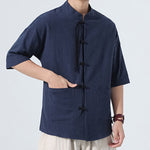 Buddha Stones Summer Tang Style Casual Mandarin Collar Frog Button Solid Men's Elbow-Length Sleeve Shirts With Pocket