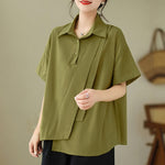 Buddha Stones Summer Casual Minimalist Button-up Solid Asymmetric Layered Design Women's Short Sleeve Shirts