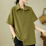 Buddha Stones Summer Casual Minimalist Button-up Solid Asymmetric Layered Design Women's Short Sleeve Shirts