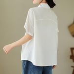Buddha Stones Summer Casual Minimalist Button-up Solid Asymmetric Layered Design Women's Short Sleeve Shirts