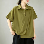 Buddha Stones Summer Casual Minimalist Button-up Solid Asymmetric Layered Design Women's Short Sleeve Shirts
