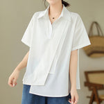 Buddha Stones Summer Casual Minimalist Button-up Solid Asymmetric Layered Design Women's Short Sleeve Shirts
