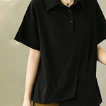 Buddha Stones Summer Casual Minimalist Button-up Solid Asymmetric Layered Design Women's Short Sleeve Shirts