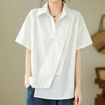 Buddha Stones Summer Casual Minimalist Button-up Solid Asymmetric Layered Design Women's Short Sleeve Shirts