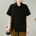 Buddha Stones Summer Casual Minimalist Button-up Solid Asymmetric Layered Design Women's Short Sleeve Shirts