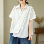 Buddha Stones Summer Casual Minimalist Button-up Solid Asymmetric Layered Design Women's Short Sleeve Shirts