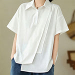 Buddha Stones Summer Casual Minimalist Button-up Solid Asymmetric Layered Design Women's Short Sleeve Shirts