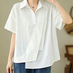 Buddha Stones Summer Casual Minimalist Button-up Solid Asymmetric Layered Design Women's Short Sleeve Shirts