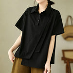 Buddha Stones Summer Casual Minimalist Button-up Solid Asymmetric Layered Design Women's Short Sleeve Shirts
