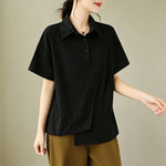 Buddha Stones Summer Casual Minimalist Button-up Solid Asymmetric Layered Design Women's Short Sleeve Shirts