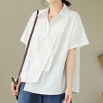 Buddha Stones Summer Casual Minimalist Button-up Solid Asymmetric Layered Design Women's Short Sleeve Shirts