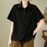 Buddha Stones Summer Casual Minimalist Button-up Solid Asymmetric Layered Design Women's Short Sleeve Shirts