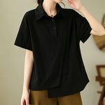 Buddha Stones Summer Casual Minimalist Button-up Solid Asymmetric Layered Design Women's Short Sleeve Shirts