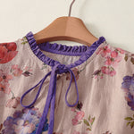 Buddha Stones Summer Casual Boho Drawstring Floral Peony Green Leaves Women's Short Sleeve Shirts