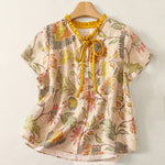 Buddha Stones Summer Casual Boho Drawstring Floral Peony Green Leaves Women's Short Sleeve Shirts