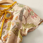Buddha Stones Summer Casual Boho Drawstring Floral Peony Green Leaves Women's Short Sleeve Shirts