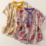 Buddha Stones Summer Casual Boho Drawstring Floral Peony Green Leaves Women's Short Sleeve Shirts