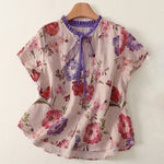 Buddha Stones Summer Casual Boho Drawstring Floral Peony Green Leaves Women's Short Sleeve Shirts