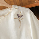 Buddha Stones Summer Tang Style Vintage Embroidery Frog Button Floral Women's Short Sleeve Shirts