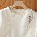 Buddha Stones Summer Tang Style Vintage Embroidery Frog Button Floral Women's Short Sleeve Shirts