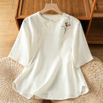 Buddha Stones Summer Tang Style Vintage Embroidery Frog Button Floral Women's Short Sleeve Shirts