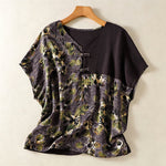 Buddha Stones Summer Casual Vintage Tang Style Pankou Floral Sunflowers Women's Short Sleeve Shirts