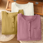 Buddha Stones Summer Casual Minimalist Button-Up Solid Crew Neck Women's Short Sleeve Shirts With Patch Pocket