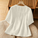 Buddha Stones Summer Casual Minimalist Button-Up Solid Crew Neck Women's Short Sleeve Shirts With Patch Pocket