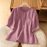 Buddha Stones Summer Casual Minimalist Button-Up Solid Crew Neck Women's Short Sleeve Shirts With Patch Pocket
