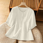 Buddha Stones Summer Casual Minimalist Button-Up Solid Crew Neck Women's Short Sleeve Shirts With Patch Pocket