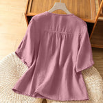 Buddha Stones Summer Casual Minimalist Button-Up Solid Crew Neck Women's Short Sleeve Shirts With Patch Pocket