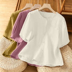 Buddha Stones Summer Casual Minimalist Button-Up Solid Crew Neck Women's Short Sleeve Shirts With Patch Pocket