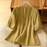 Buddha Stones Summer Casual Minimalist Button-Up Solid Crew Neck Women's Short Sleeve Shirts With Patch Pocket