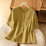 Buddha Stones Summer Casual Minimalist Button-Up Solid Crew Neck Women's Short Sleeve Shirts With Patch Pocket