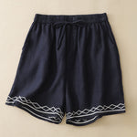 Buddha Stones Summer Casual Minimalist Drawstring Embroidery Wavy Lines Geometric Women's Shorts With Pockets