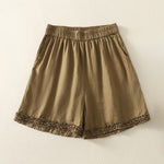 Buddha Stones Summer Casual Vintage Solid Elastic Waist Ruffled Hem Women's Shorts With Pockets