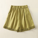 Buddha Stones Summer Casual Vintage Solid Elastic Waist Ruffled Hem Women's Shorts With Pockets